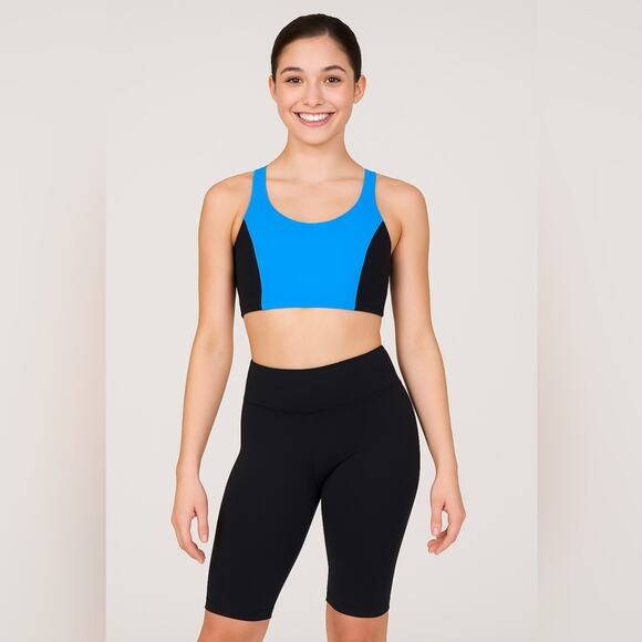 Theatricals blue black 2 piece dance set bike shorts crop top tank adult XS NWT - Picture 5 of 9